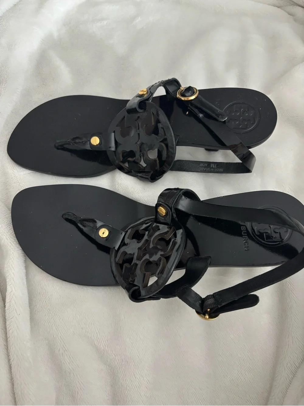 Tory Burch Black Patent Logo Thong Sandals with Gold Hardware